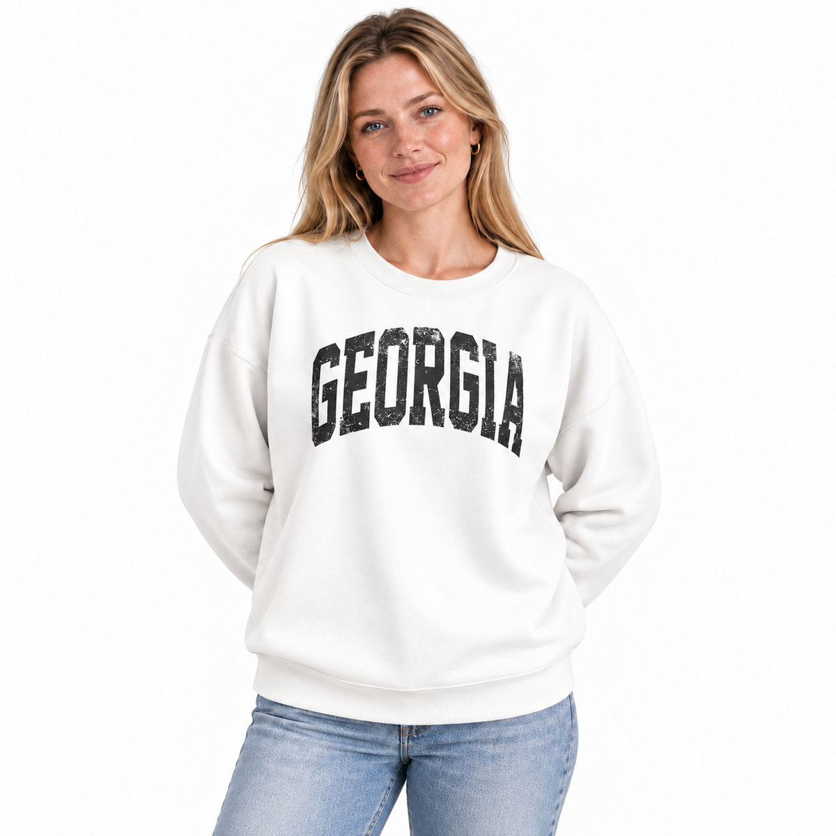 Georgia Bold Distressed Varsity Collegiate Vintage Sweatshirt - White (Female Model)