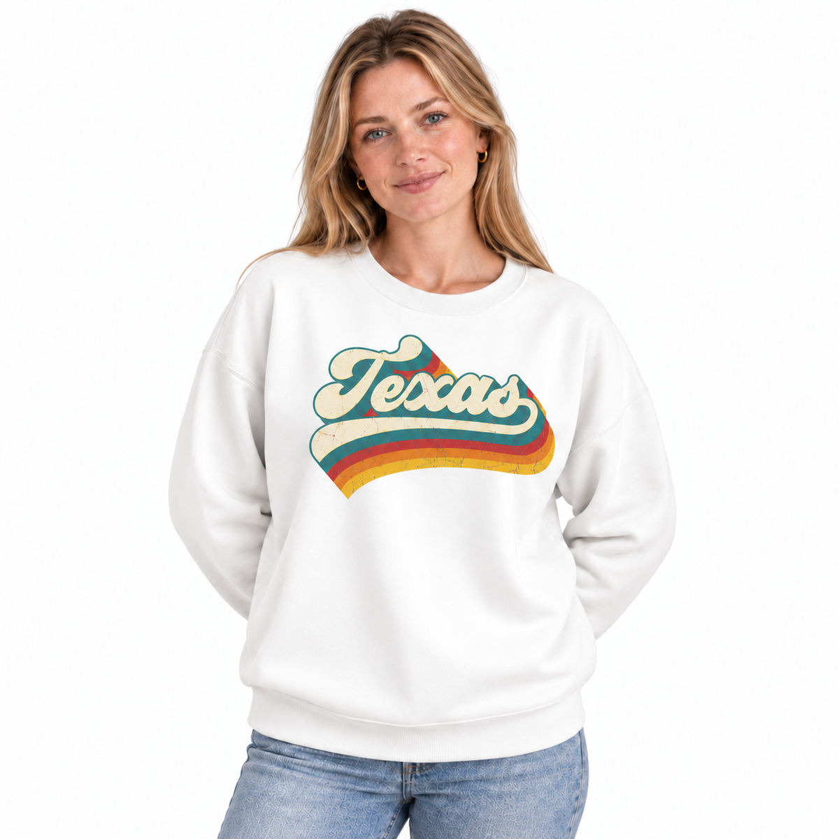 Texas Collegiate Varsity Athletic Lettering Vintage Distressed Sweatshirt - White (Female Model)