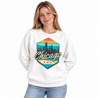 Chicago Retro Crest Heritage Vintage Athletic Sweatshirt - White (Female Model)