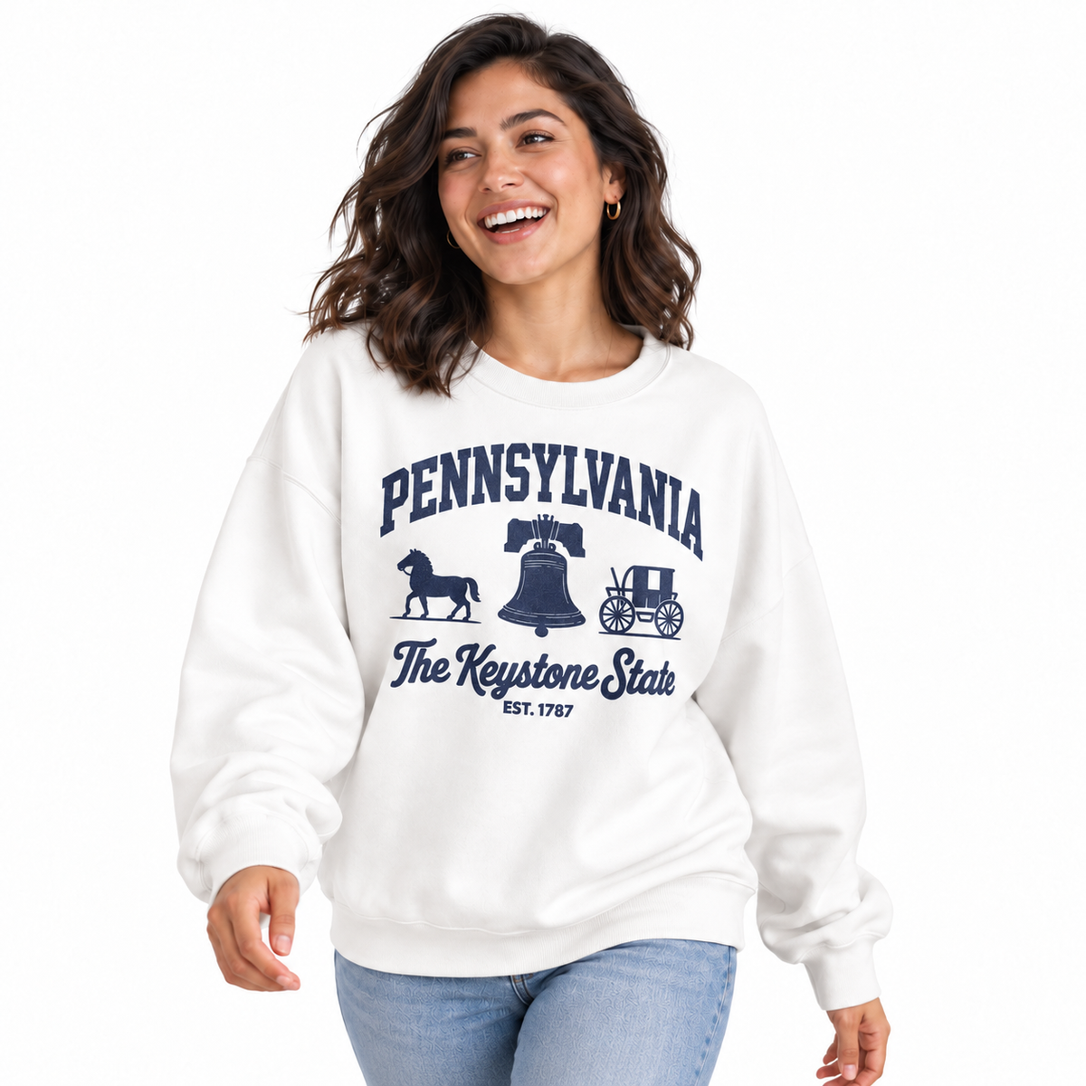 Pennsylvania Keystone State Historic Crest Vintage Sweatshirt - White (Female Model)