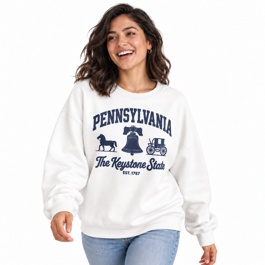 Pennsylvania Keystone State Historic Crest Vintage Sweatshirt - White (Female Model) | The State Threads