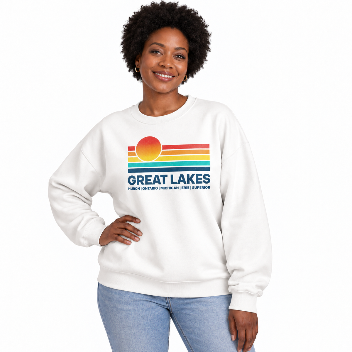Great Lakes Retro Sunset Horizon Vintage Sweatshirt - White (Female Model)