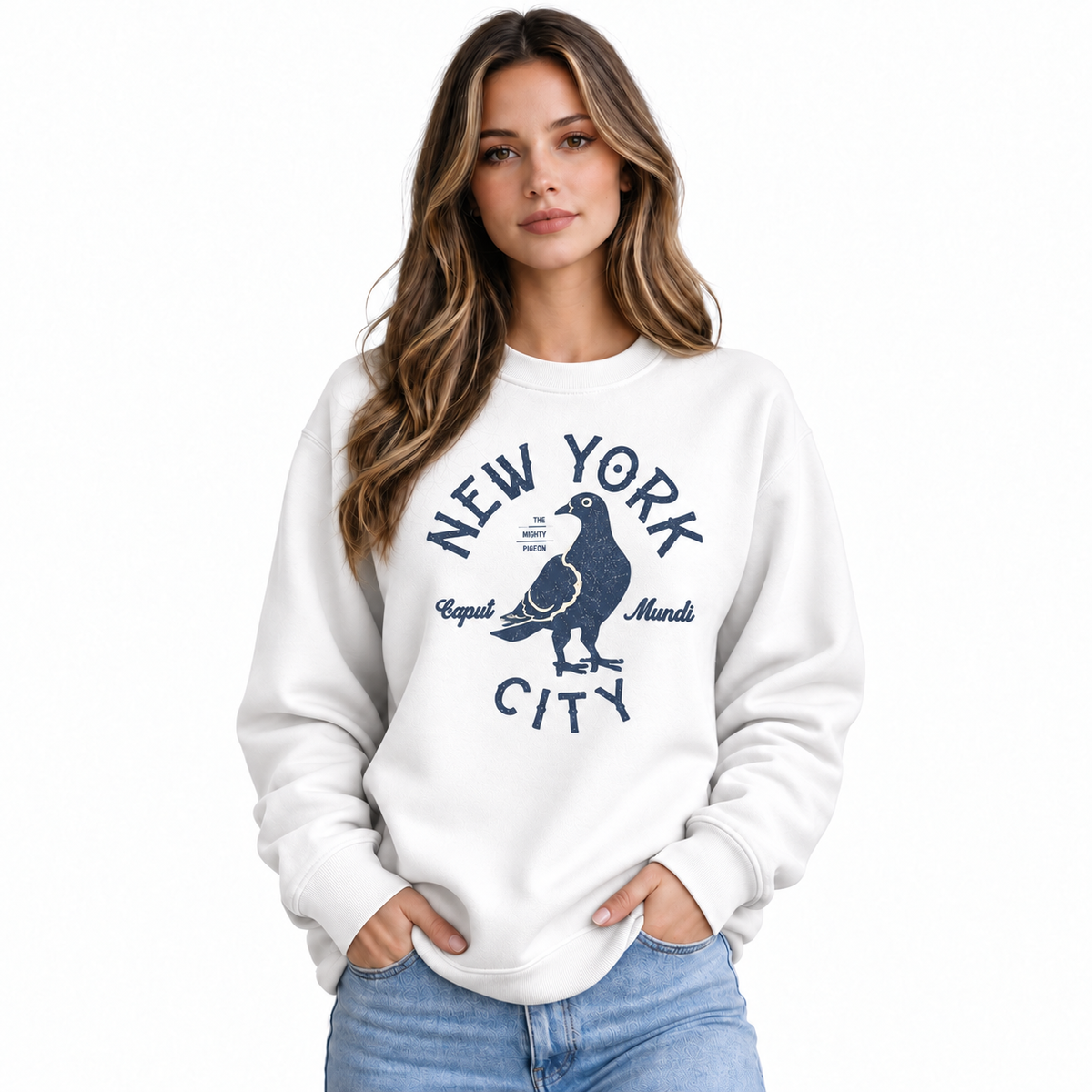 NYC Pigeon Official Bird Vintage Retro Humor Sweatshirt - White (Female Model)