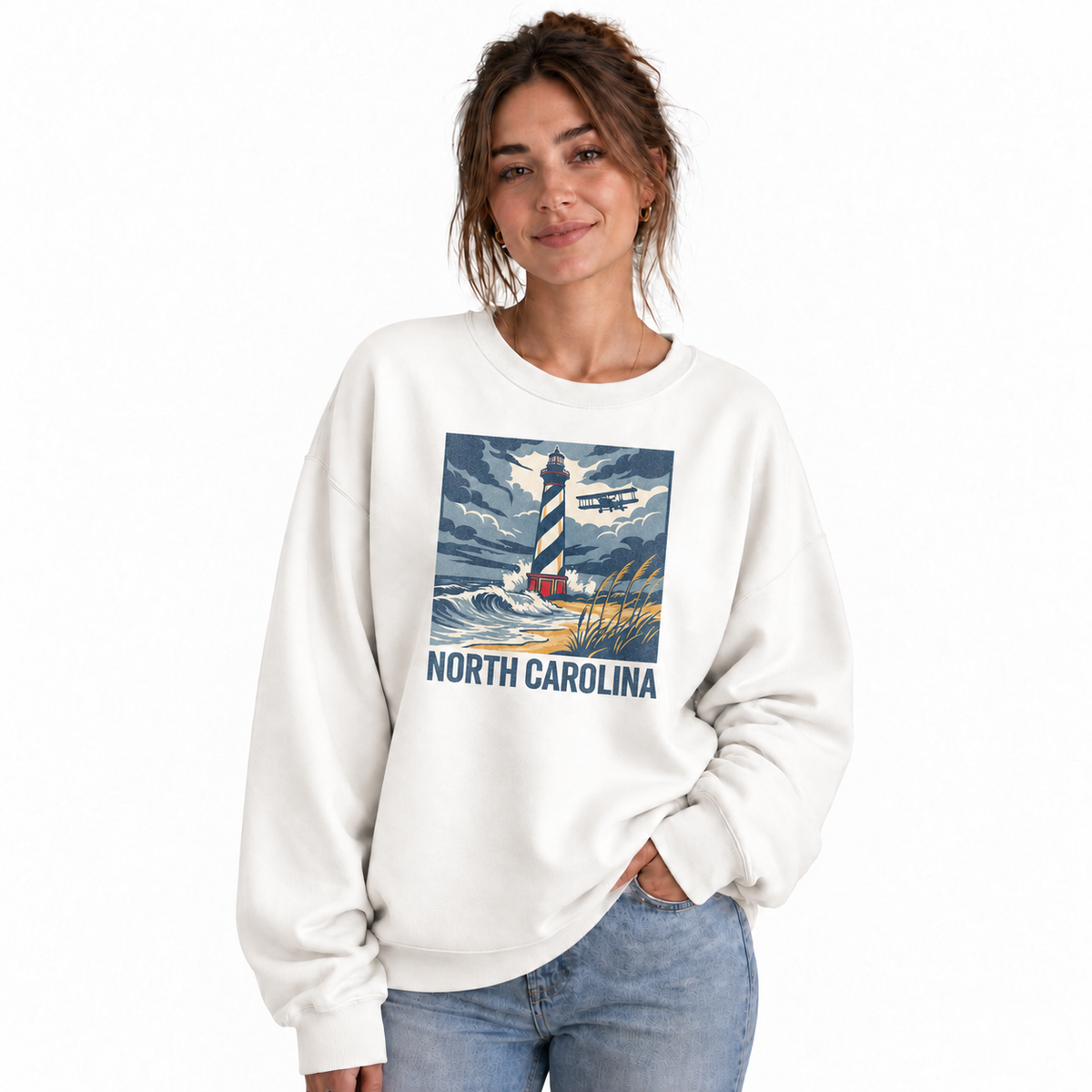 Cape Hatteras Lighthouse North Carolina Coastal Scenic Sweatshirt - White (Female Model)