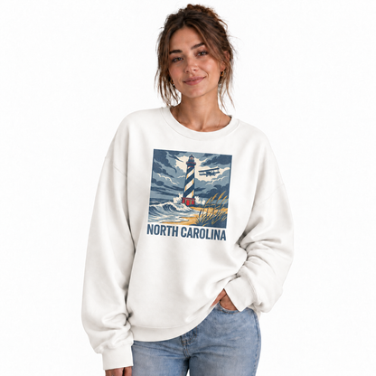 Cape Hatteras Lighthouse North Carolina Coastal Scenic Sweatshirt - White (Female Model)