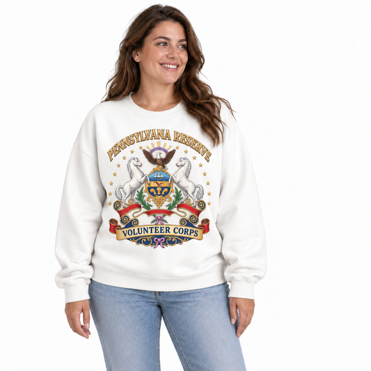 Pennsylvania Reserve Crest Heritage Patriotic Vintage Sweatshirt - White (Female Model) | The State Threads