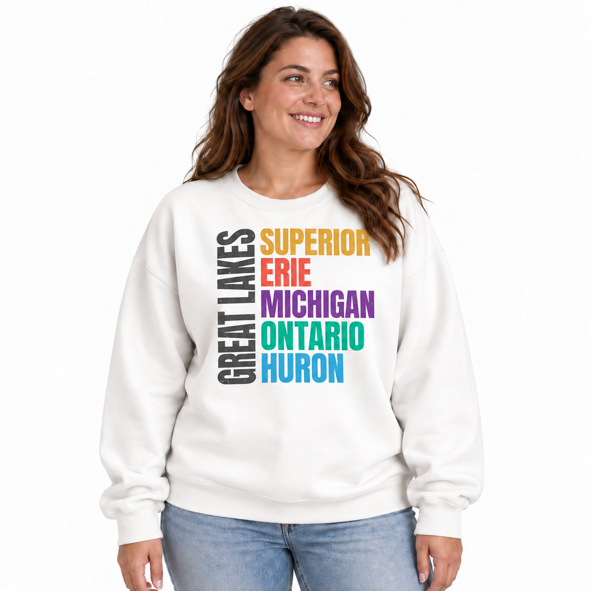 Great Lakes Michigan Freshwater Basin Retro Sweatshirt - White (Female Model)