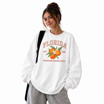 Florida Embroidered Style Orange Blossom Emblem Sweatshirt - White (Female Model)