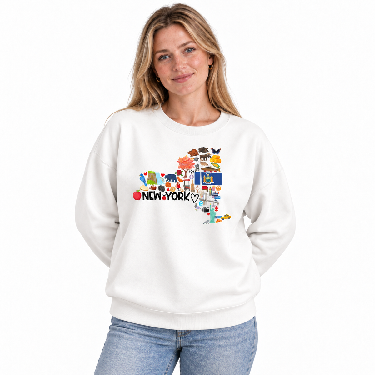 New York State Map Landmarks Icons Collage Sweatshirt - White (Female Model)