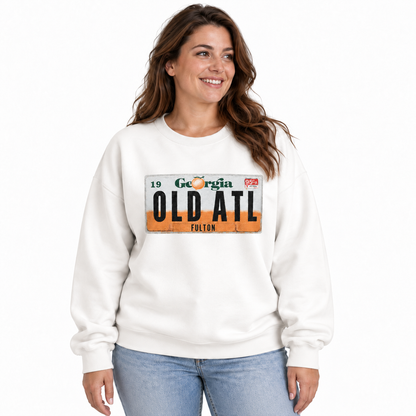 Old ATL Georgia Peach License Plate Vintage Sweatshirt - White (Female Model)