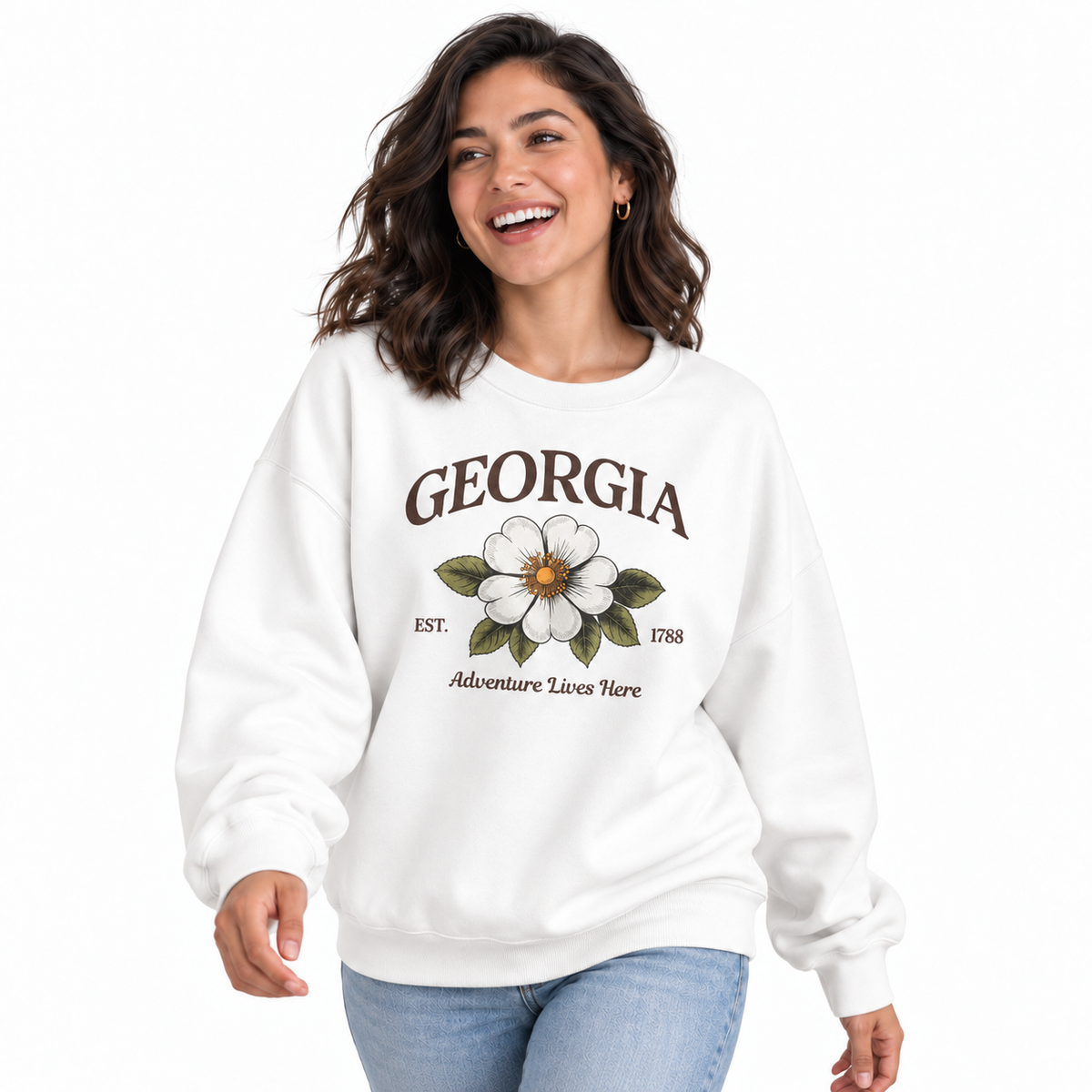 Georgia State Flower Cherokee Rose Adventure Vintage Sweatshirt - White (Female Model)