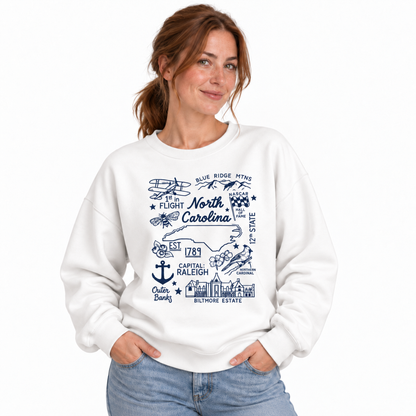 North Carolina Retro Arched Varsity Athletic Classic Sweatshirt - White (Female Model)