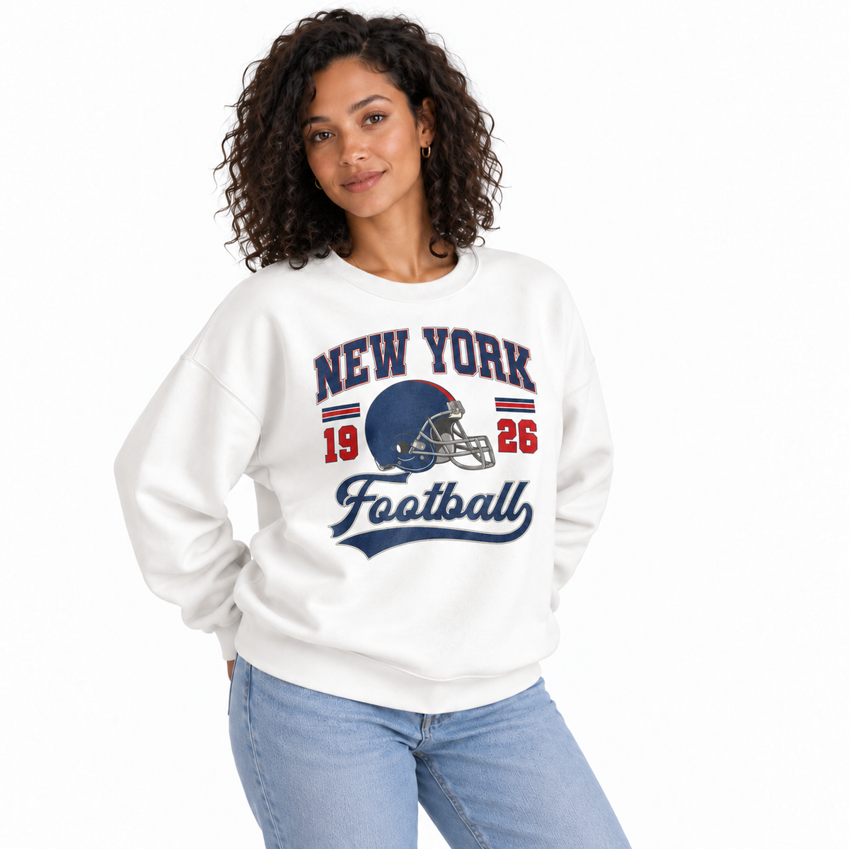New York Football 1925 Vintage Athletic Gameday Sweatshirt - White (Female Model)