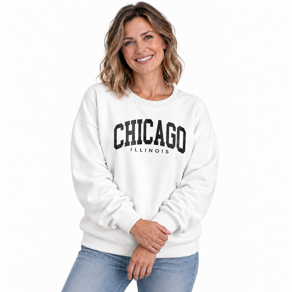 Chicago Illinois Arched Varsity Athletic Retro Sweatshirt - White (Female Model)