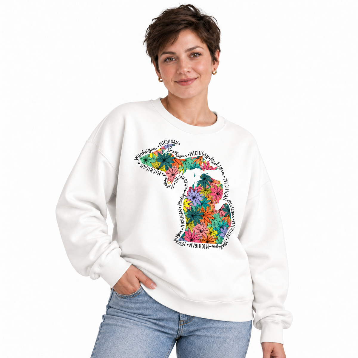 Michigan Apple Blossom Vintage Botanical Floral Sweatshirt - White (Female Model)