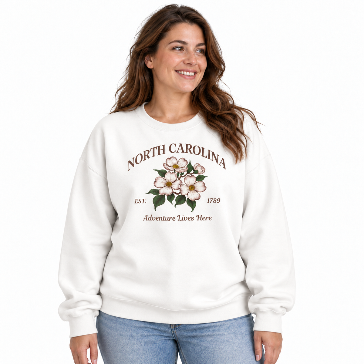 North Carolina Dogwood Flower Vintage Botanical Floral Sweatshirt - White (Female Model)