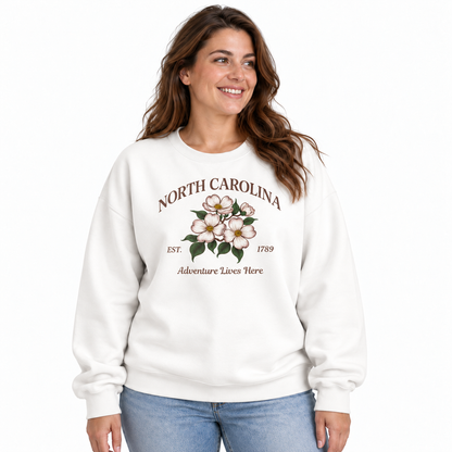 North Carolina Dogwood Flower Vintage Botanical Floral Sweatshirt - White (Female Model)