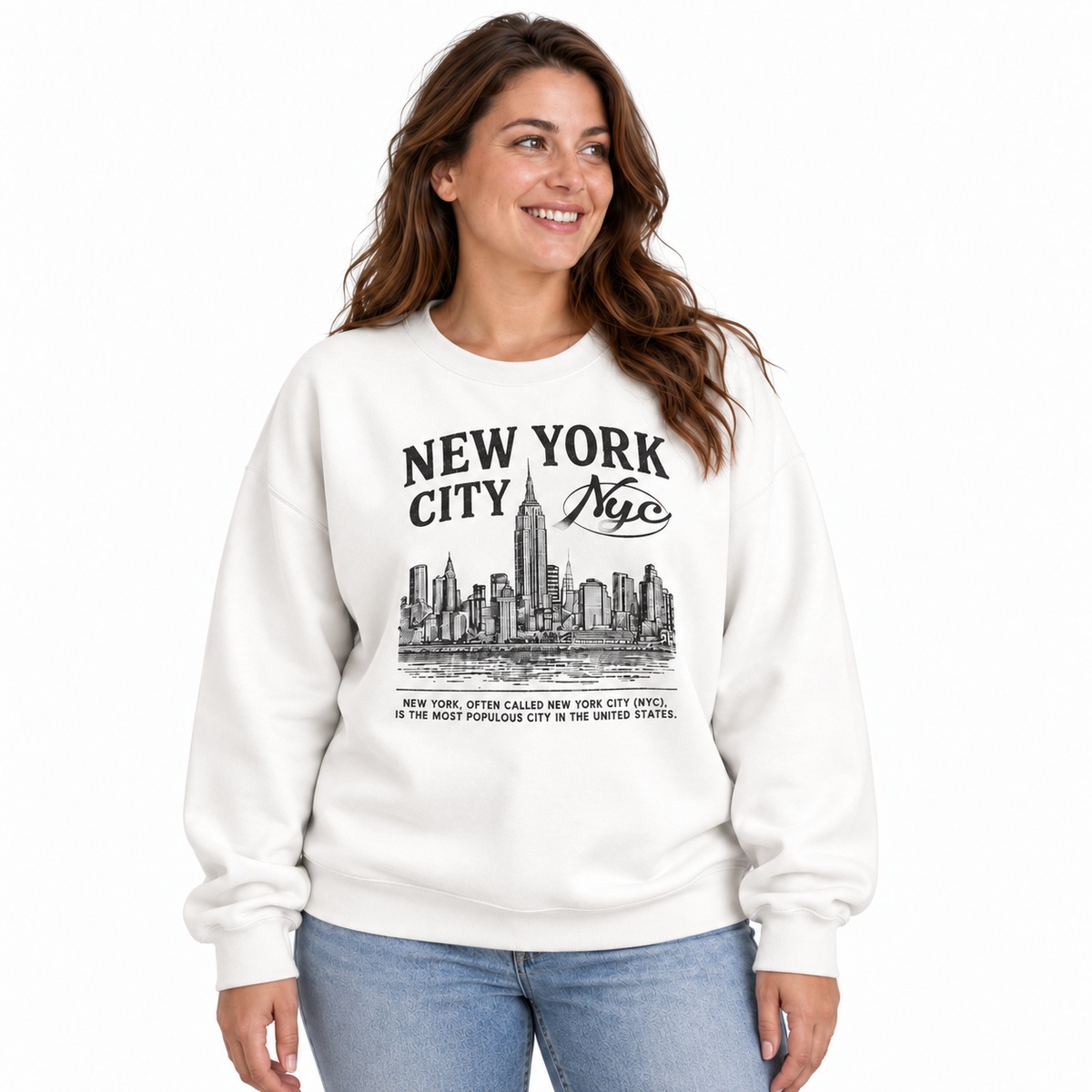 New York City Distressed Woodblock Skyline Heritage Sweatshirt - White (Female Model)