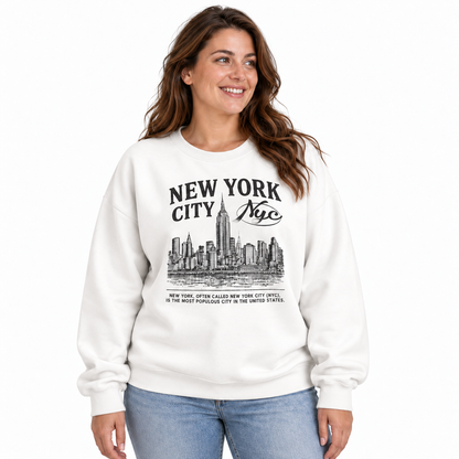 New York City Distressed Woodblock Skyline Heritage Sweatshirt - White (Female Model)