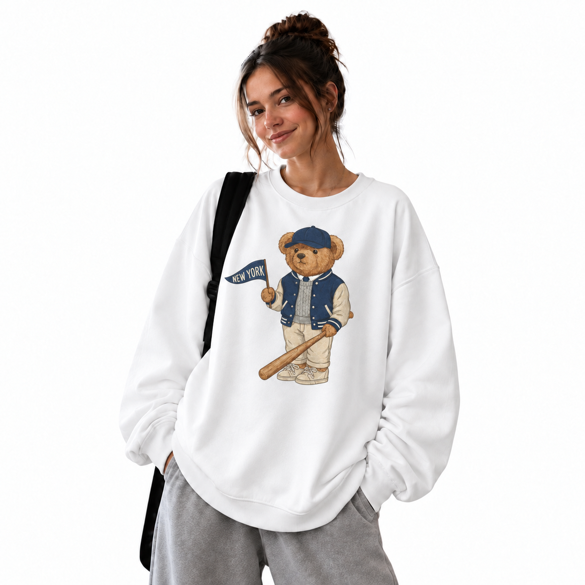 New York Baseball Teddy Bear Vintage Athletic Sweatshirt - White (Female Model)