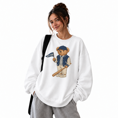 New York Baseball Teddy Bear Vintage Athletic Sweatshirt - White (Female Model)