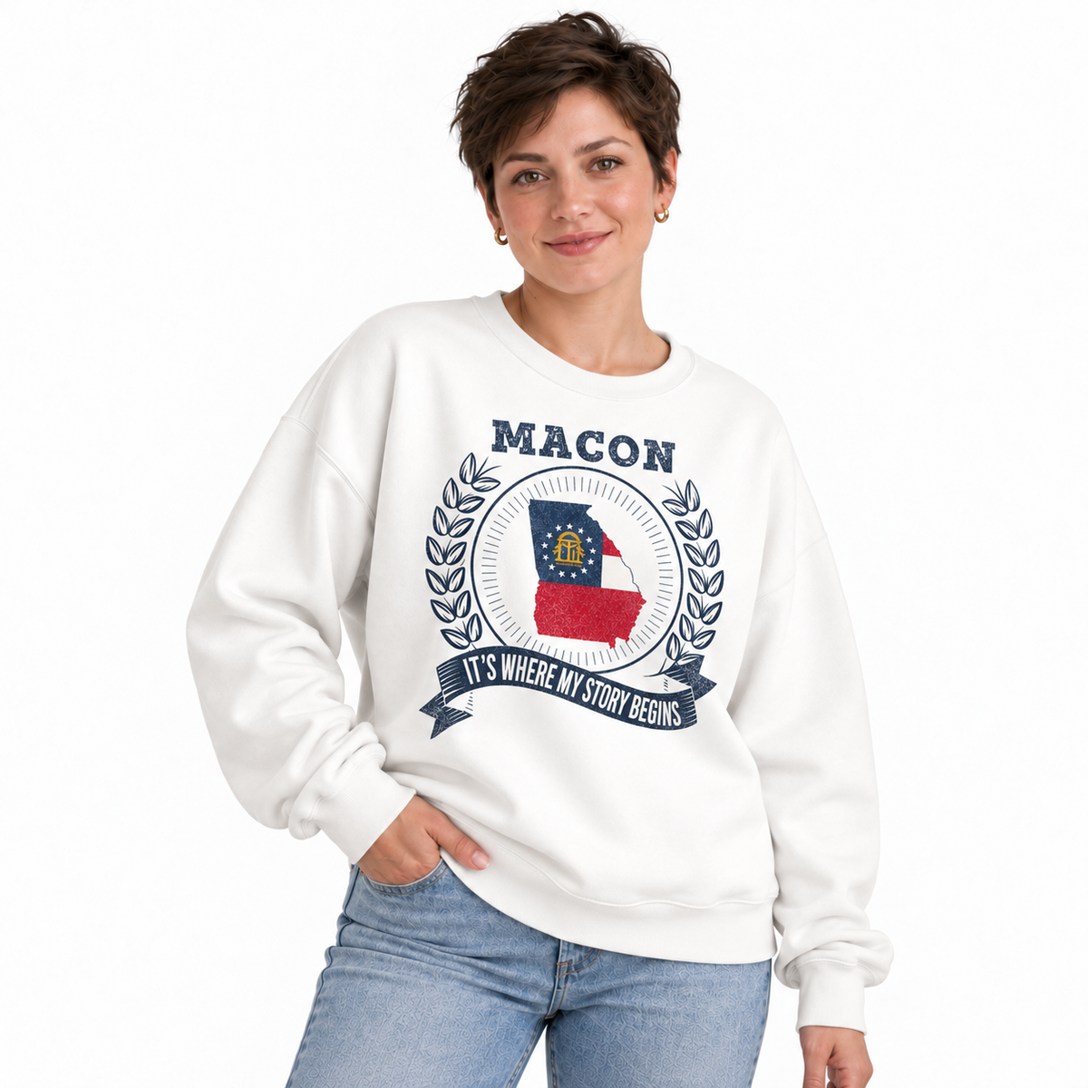 Macon Georgia It's Where My Story Begins Vintage Sweatshirt - White (Female Model)