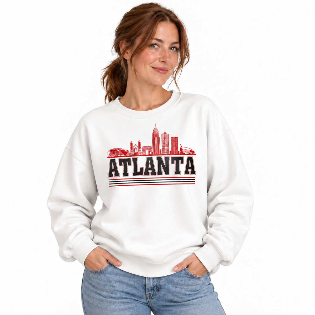 Atlanta Georgia City Skyline Collegiate Retro Vintage Sweatshirt - White (Female Model)