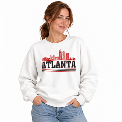 Atlanta Georgia City Skyline Collegiate Retro Vintage Sweatshirt - White (Female Model)