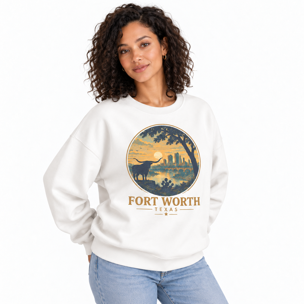 Fort Worth Texas Vintage Cityscape Heritage Graphic Sweatshirt - White (Female Model)
