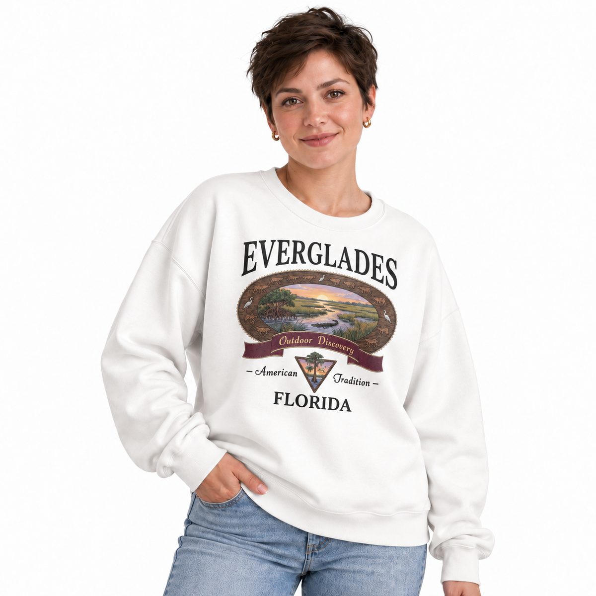 Florida Everglades Great Heron Wildlife Scene Sweatshirt - White (Female Model)