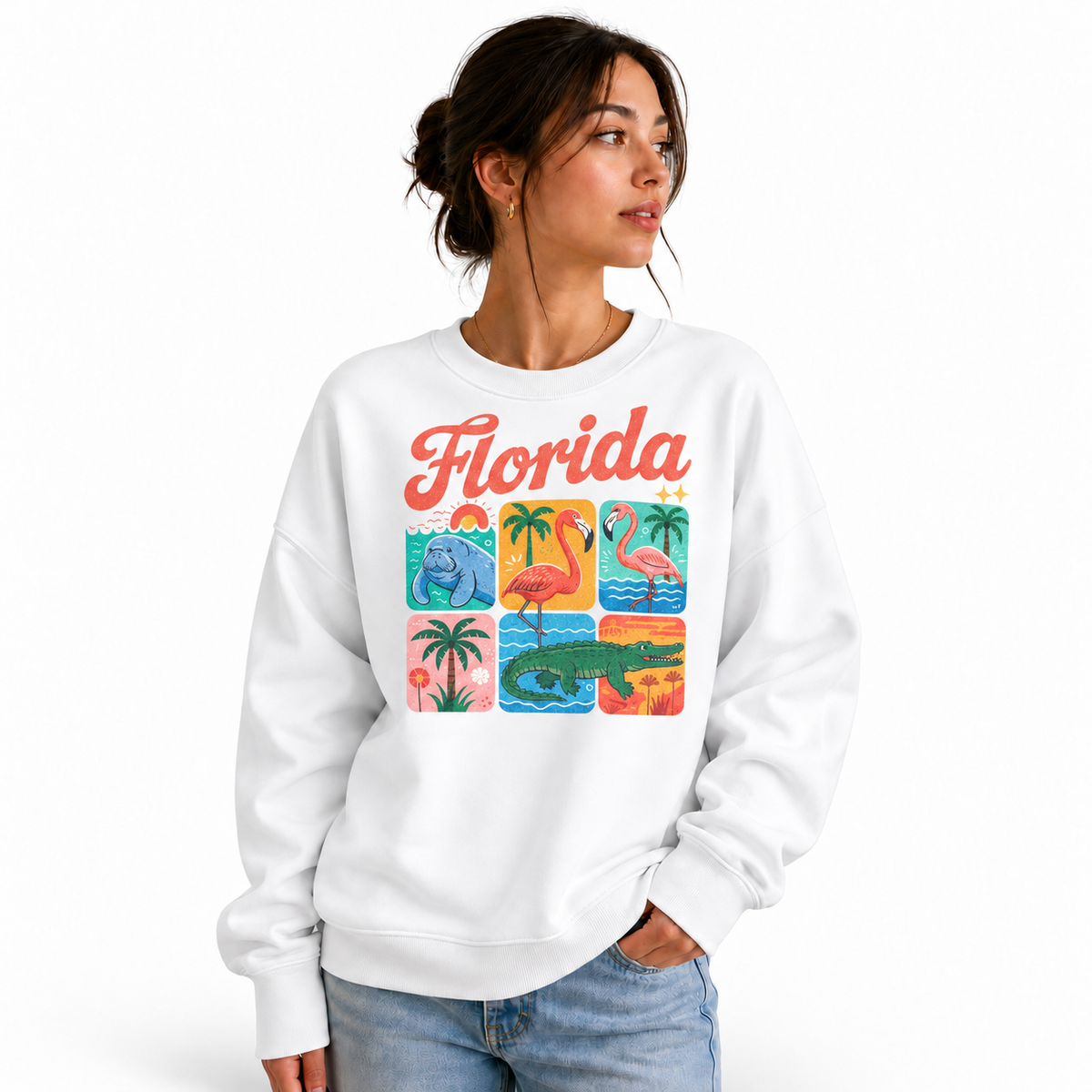 Florida Retro Coastal Sunset Horizon Graphic Sweatshirt - White (Female Model)