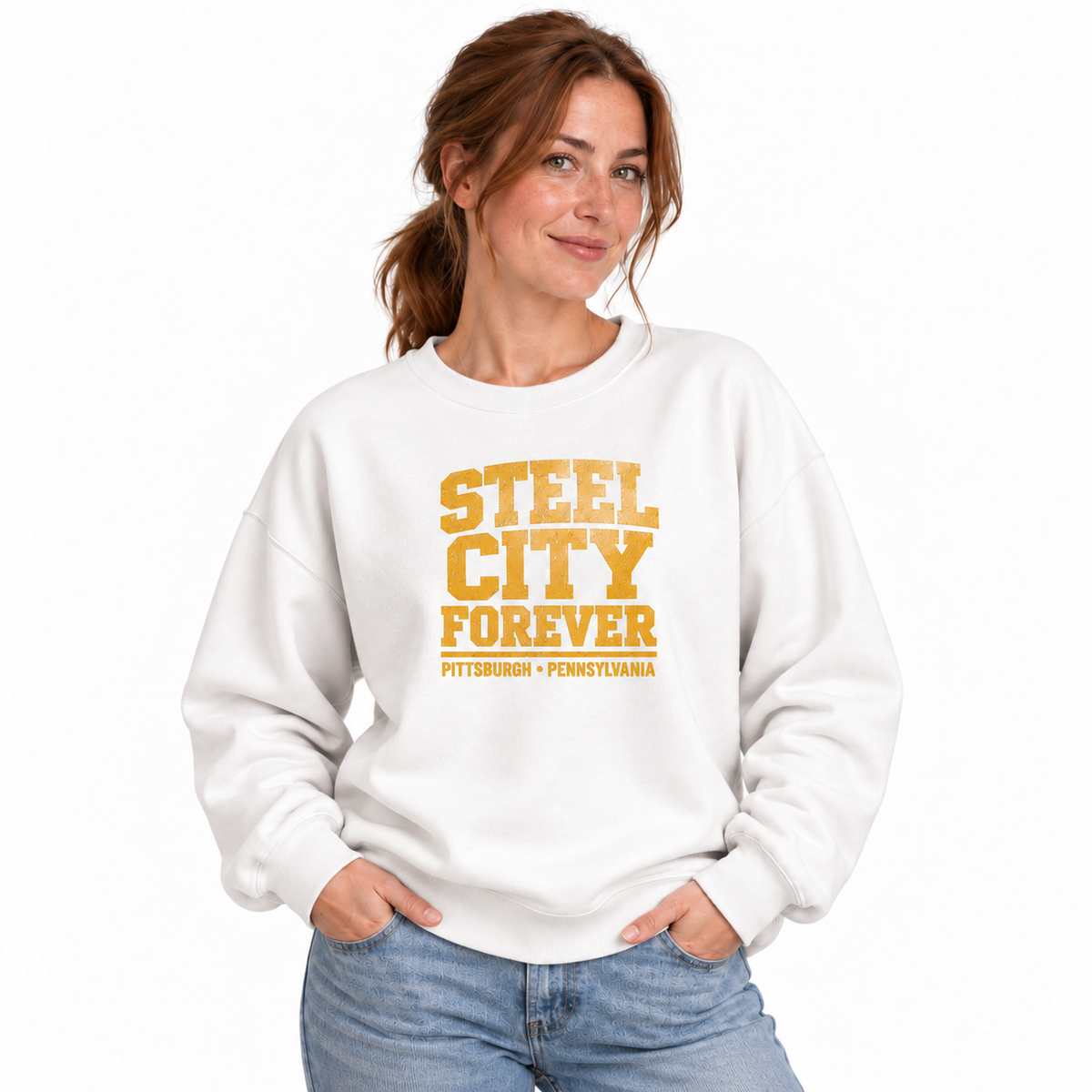 Pennsylvania Steel City Pittsburgh Athletic Vintage Sweatshirt - White (Female Model)