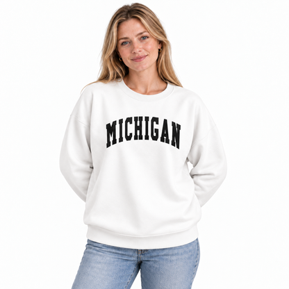Michigan Retro Arched Varsity Collegiate Vintage Sweatshirt - White (Female Model)
