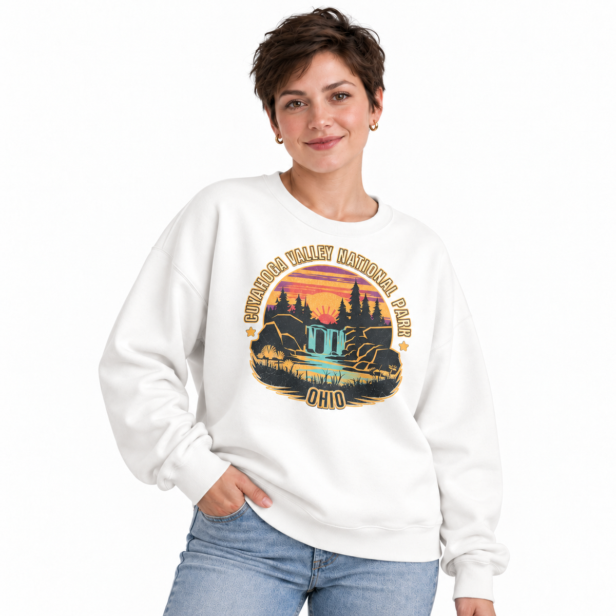 Cuyahoga Valley Ohio National Park Scenic Sweatshirt - White (Female Model)