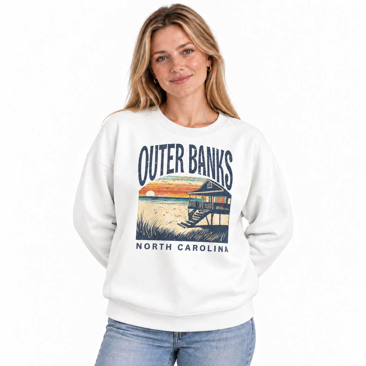 Outer Banks North Carolina Coastal Landscape Vintage Sweatshirt - White (Female Model)