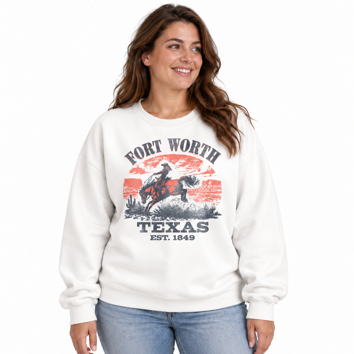 Fort Worth Texas Rodeo Cowboy Vintage Heritage Sweatshirt - White (Female Model)