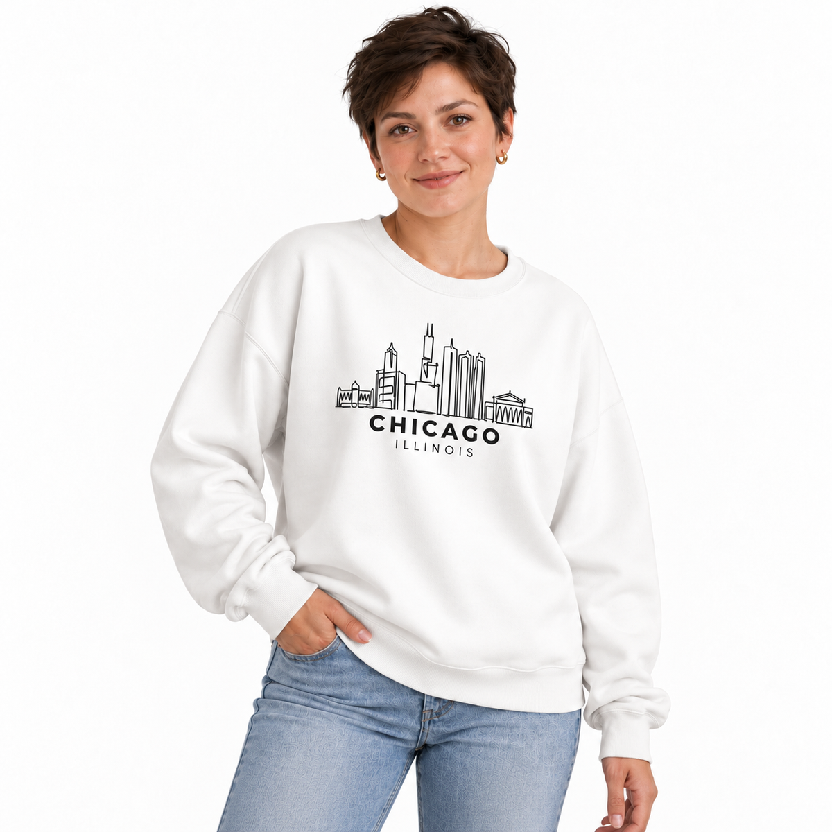 Chicago Illinois City Skyline Architectural Vintage Sweatshirt - White (Female Model)