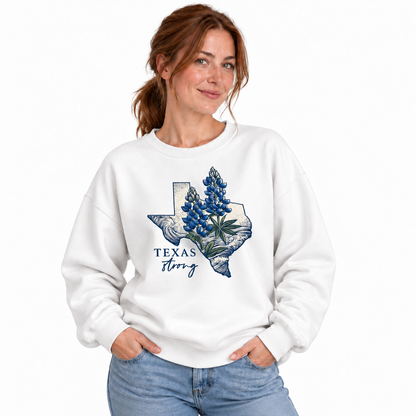 Texas Strong Bluebonnet Wildflower Botanical Vintage Distressed Sweatshirt - White (Female Model)