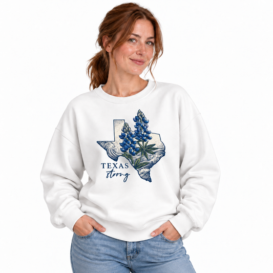 Texas Strong Bluebonnet Wildflower Botanical Vintage Distressed Sweatshirt - White (Female Model)