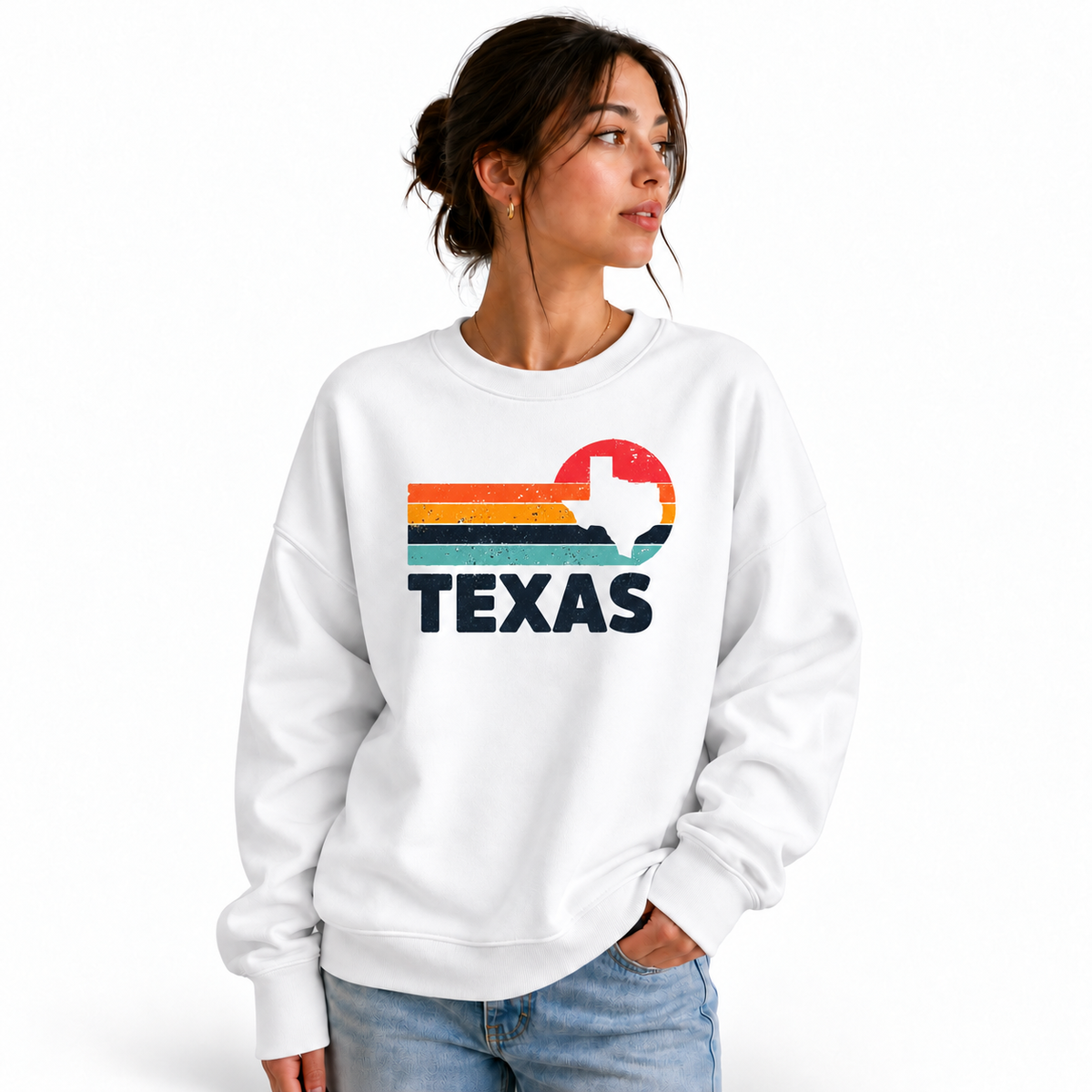 Texas Retro Sunset Skyline Vintage Distressed Graphic Sweatshirt - White (Female Model)