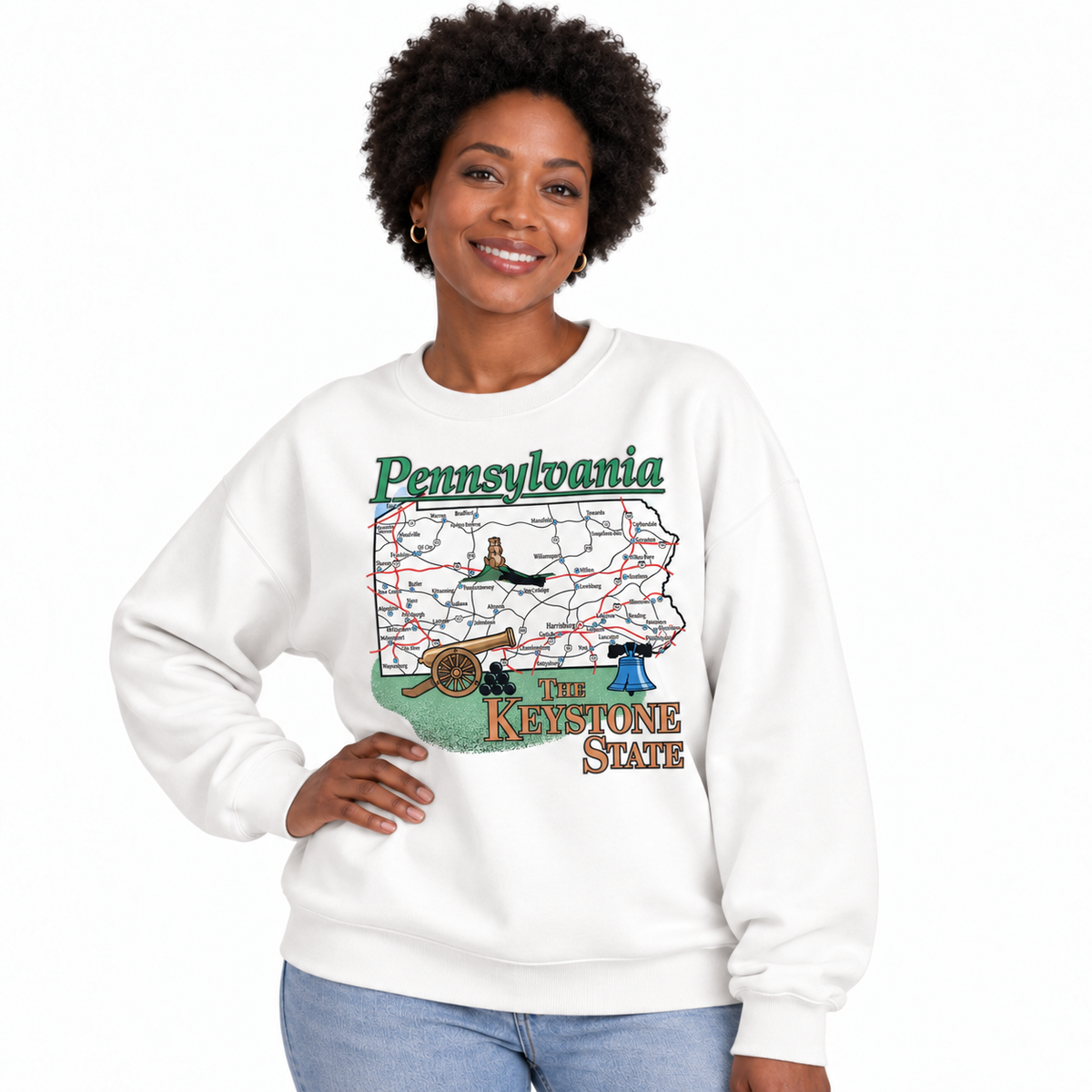 Pennsylvania Countryside State Map Rustic Vintage Sweatshirt - White (Female Model)