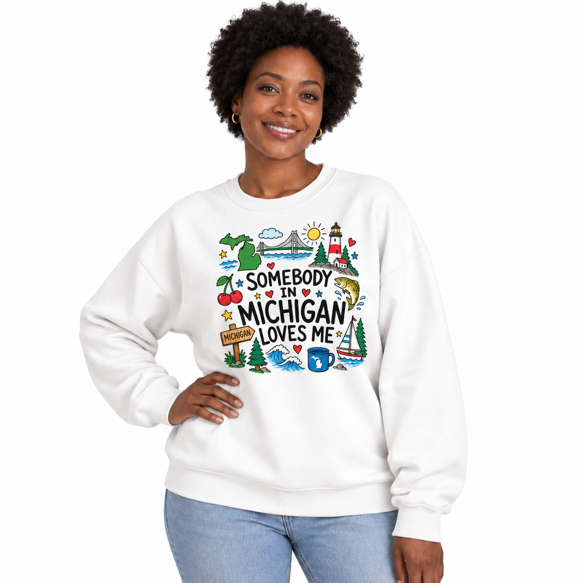 Michigan Retro Colorful Vibrant State Pride Sweatshirt - White (Female Model)
