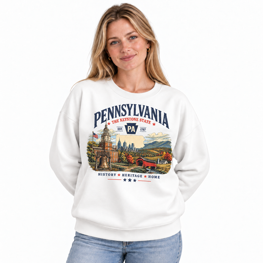 Pennsylvania Scenic Heritage Landscape Vintage Sweatshirt - White (Female Model) | The State Threads