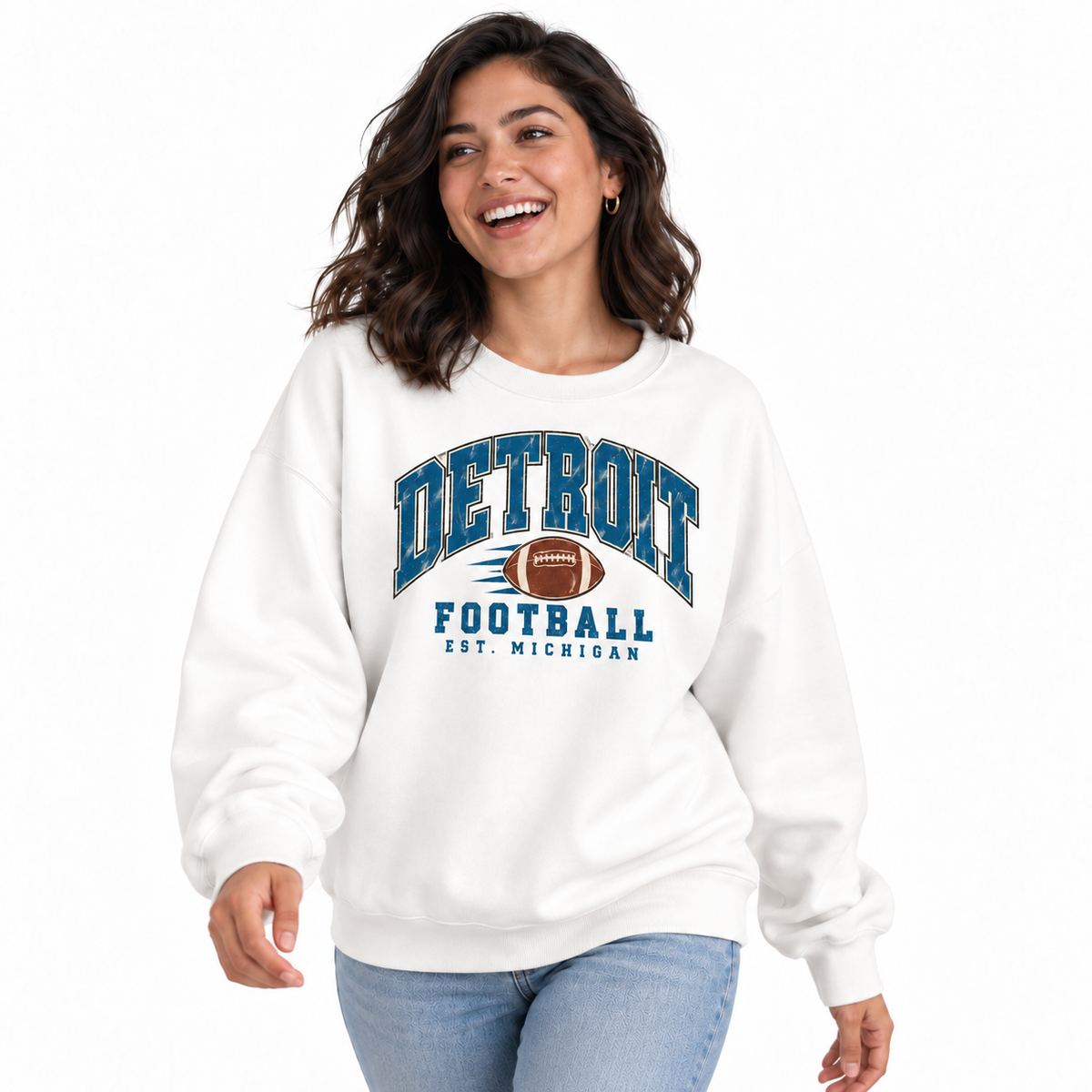 Detroit Football Retro Vintage Gameday Tailgate Sweatshirt - White (Female Model)