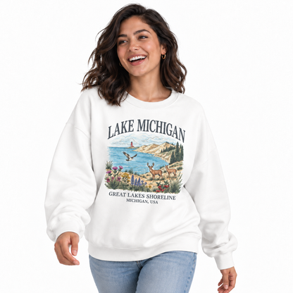 Lake Michigan Scenic Coastal Pine Vintage Sweatshirt - White (Female Model)