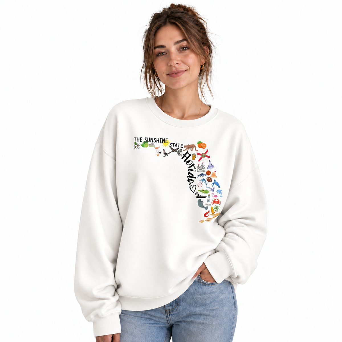 Florida Illustrated Landmarks Travel Map State Sweatshirt - White (Female Model)