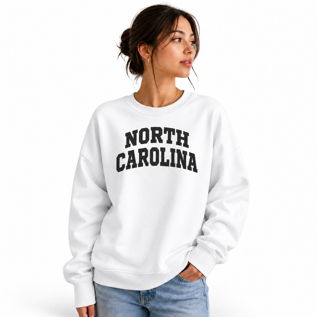 North Carolina Collegiate Arched Block Lettering Retro Sweatshirt - White (Female Model)