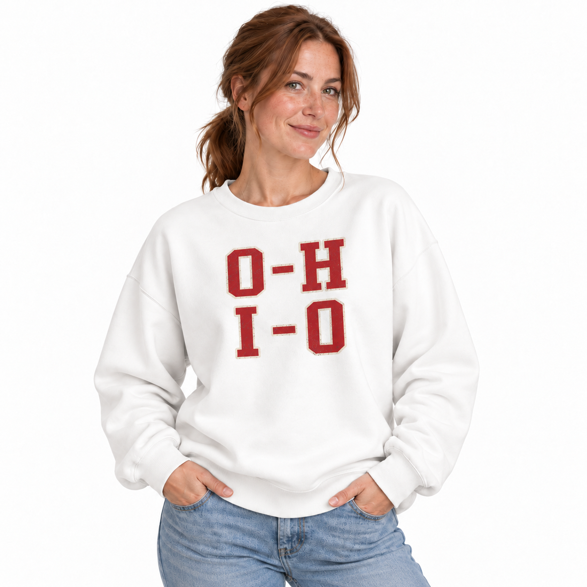Ohio OH IO Collegiate Varsity Athletic Sweatshirt - White (Female Model)