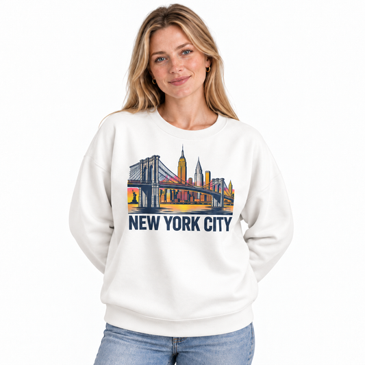 Brooklyn Bridge Manhattan Skyline Vintage Retro Sweatshirt - White (Female Model)