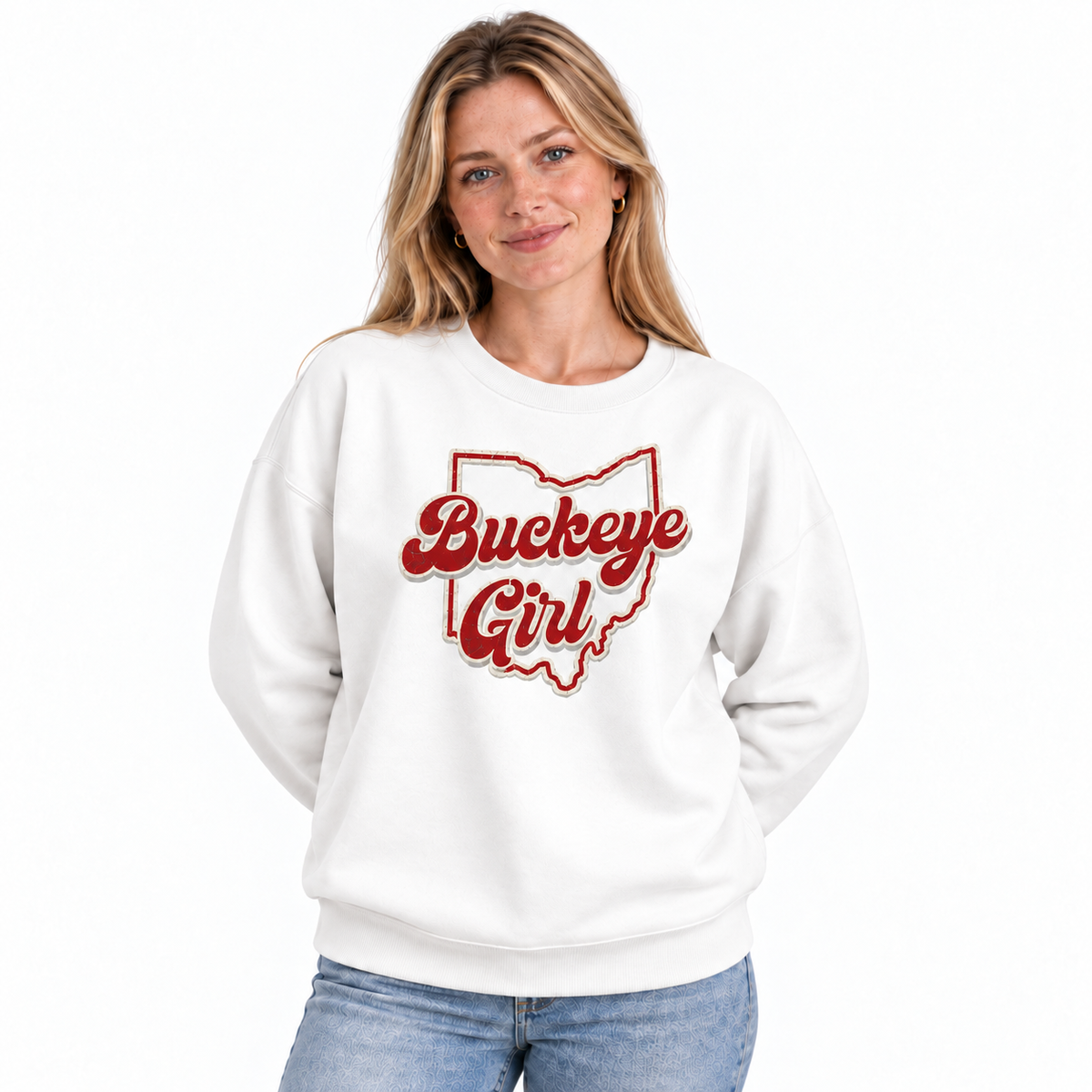 Buckeye Girl Ohio State Pride Vintage Sweatshirt - White (Female Model)